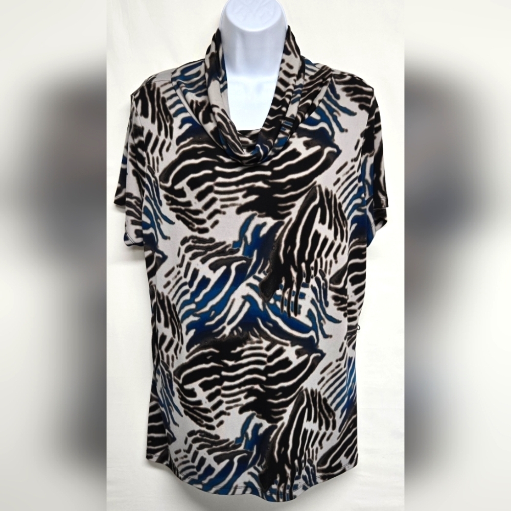 East 5th XL Slinky Stretch Knit Pullover Cowlneck Top Cap Sleeves Animal Print